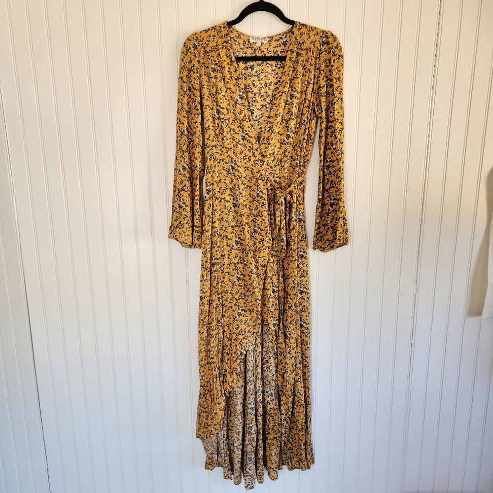 XIX PALMS Yellow Floral Boho Hawaiian Wrap Ruffle Long Sleeve Maxi Dress Medium